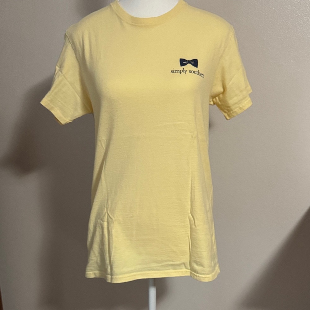 Simply Southern Pale Yellow Tee with Navy Bow